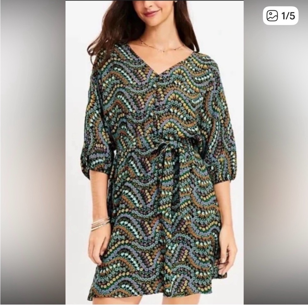 LOFT Multicolor Flowered 3/4 Sleeve Short Dress
